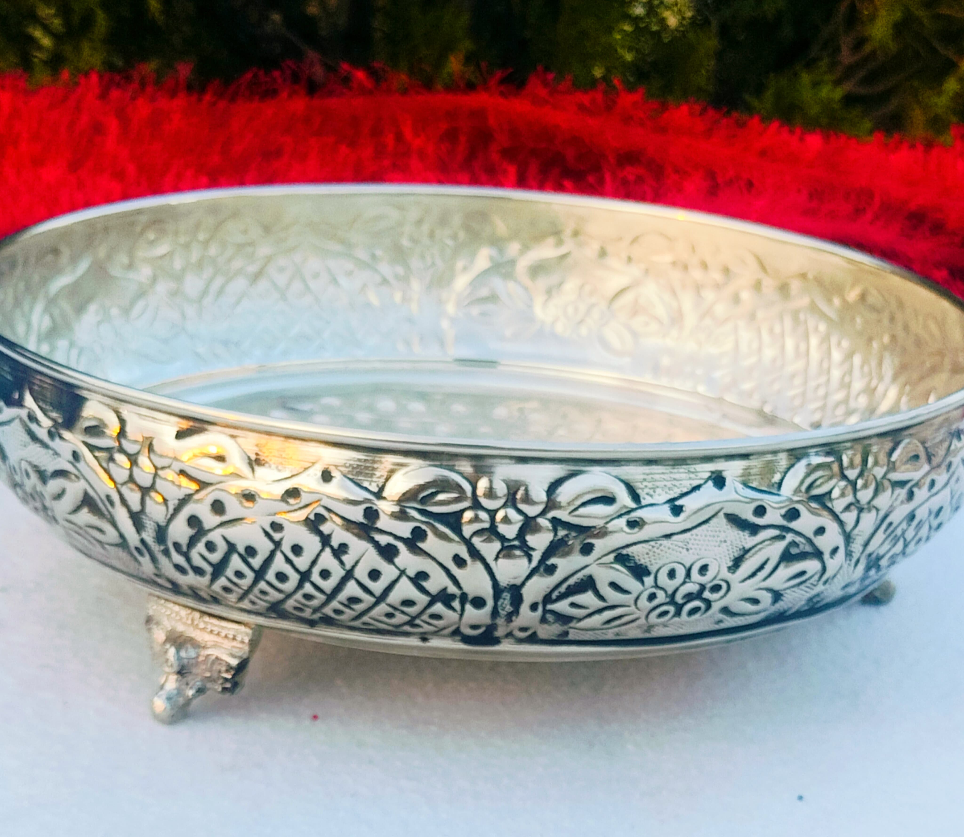 Antique German silver flower carving urli bowl/ tray for serving/ home décor